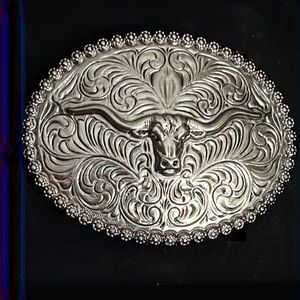 Texas longhorn silver tone belt buckle fits leather belts cowboy style metal